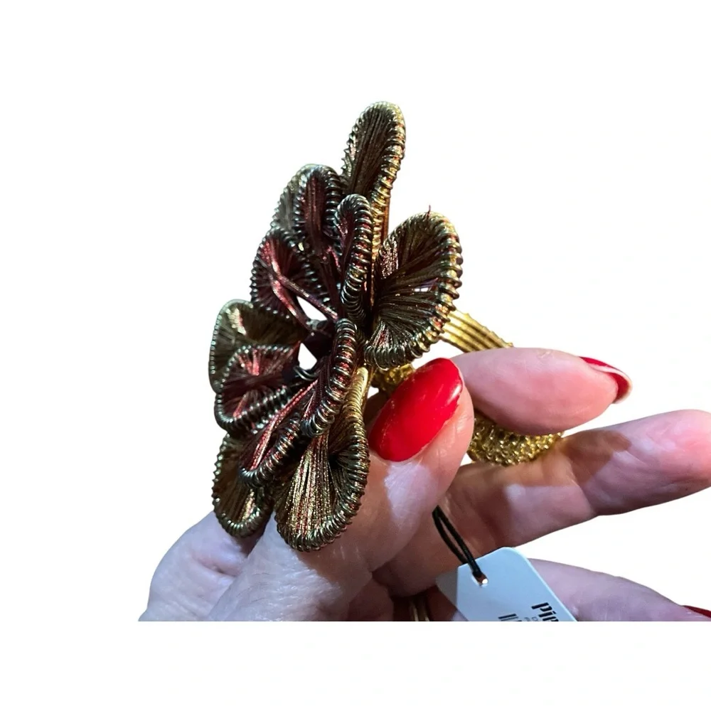 Pier 1 Four Golden and Deep Red Textured Flower Sparkly Stone Napkin Rings NWTs